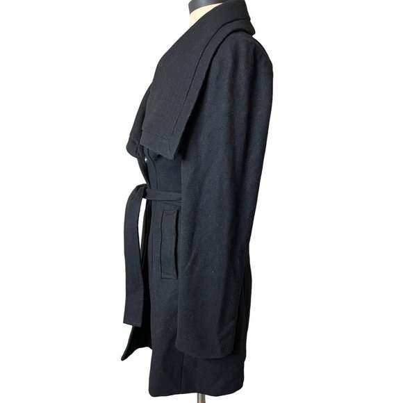Anthropologie Love & Liberty Black Asymmetrical Belted Wrap Wool Coat Size 4 - Picture 2 of 10